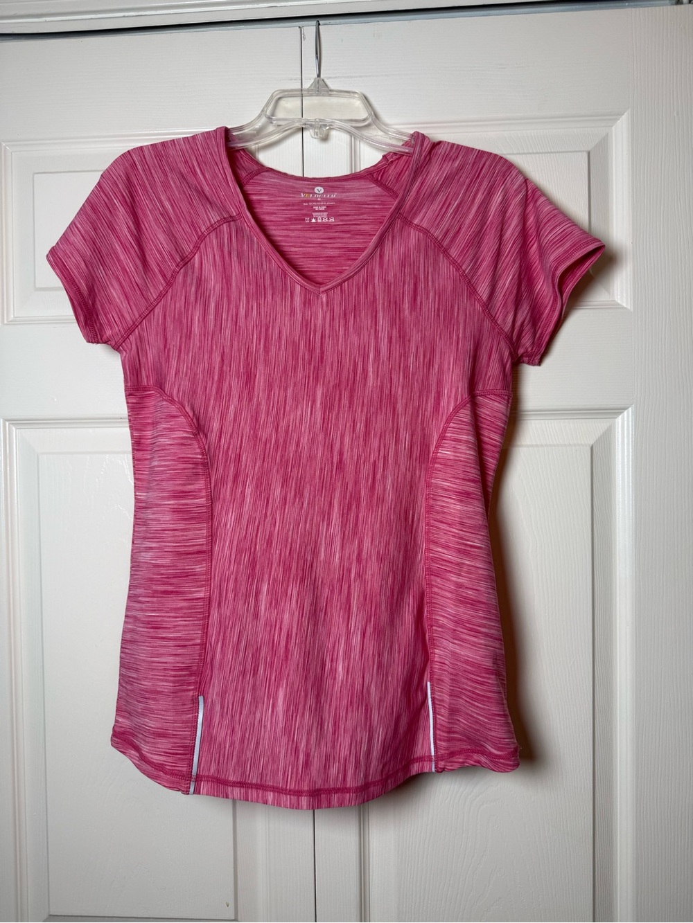 Velocity shocking pink space dyed v-neck athletic workout top
